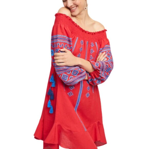 Anthropologie Ranna Gill Off Shoulder Dress Small Red Embroidered Peasant Cotton - Picture 5 of 11